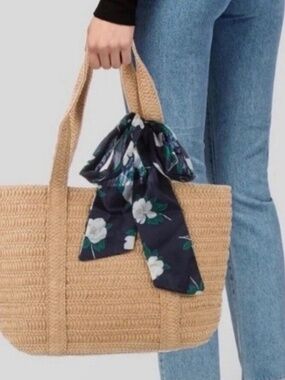 NEW Draper James Everyday Straw Bag Tote With Floral Scarf Preppy Beach Summer